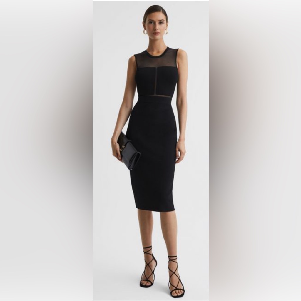 Reiss Lucia Sheer Knitted Bodycon Midi Dress | Black | M